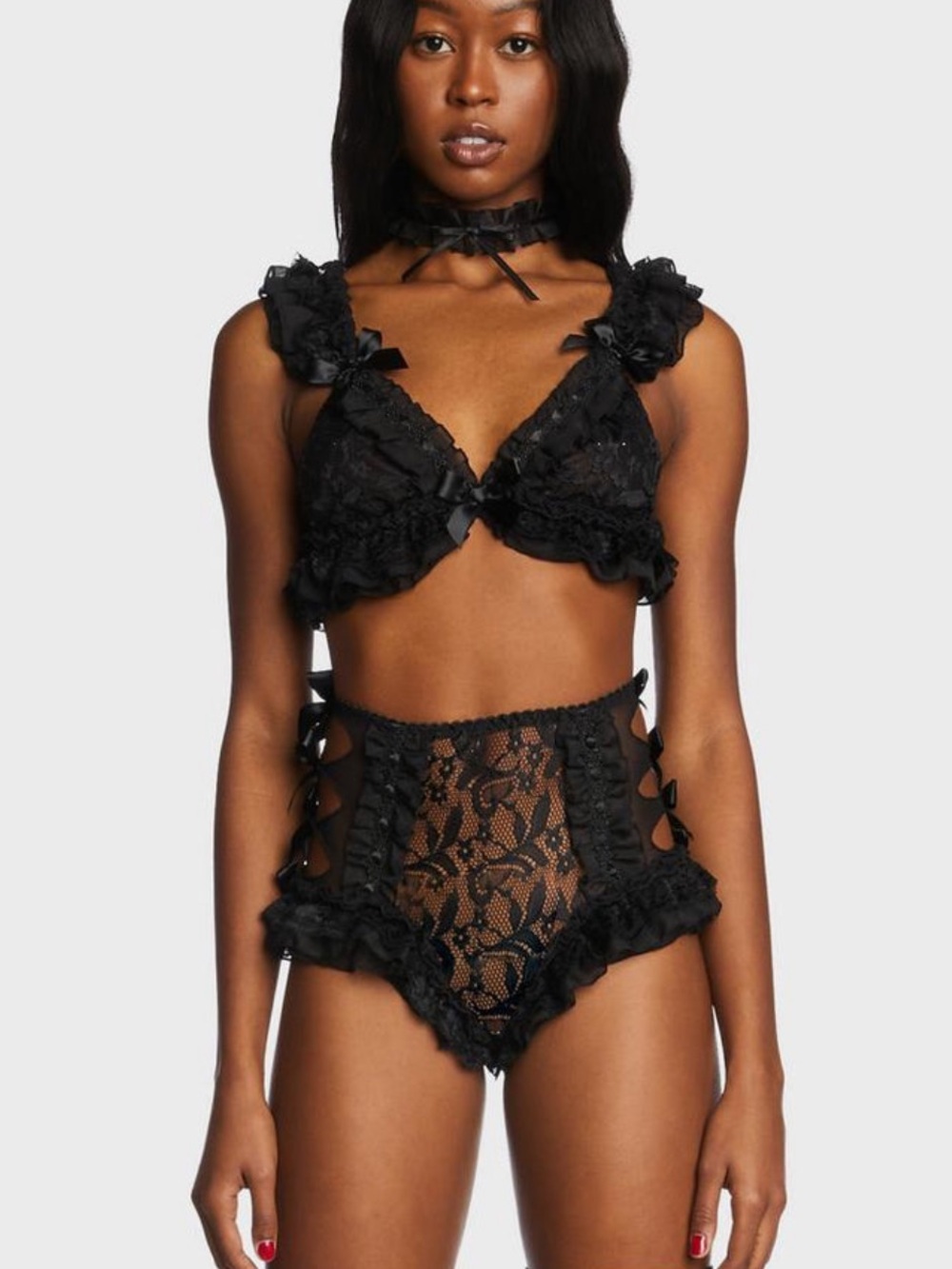 SUGAR THRILLZ (Dollskill) Lace Ruffle Bralette & High-Waist Set - Black NWT